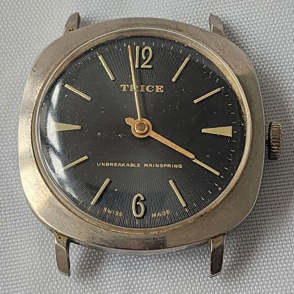 Trice Swiss Vintage Mechanical Watch‎ Unbreakable Mainspring Black Gold Markers - Picture 1 of 10